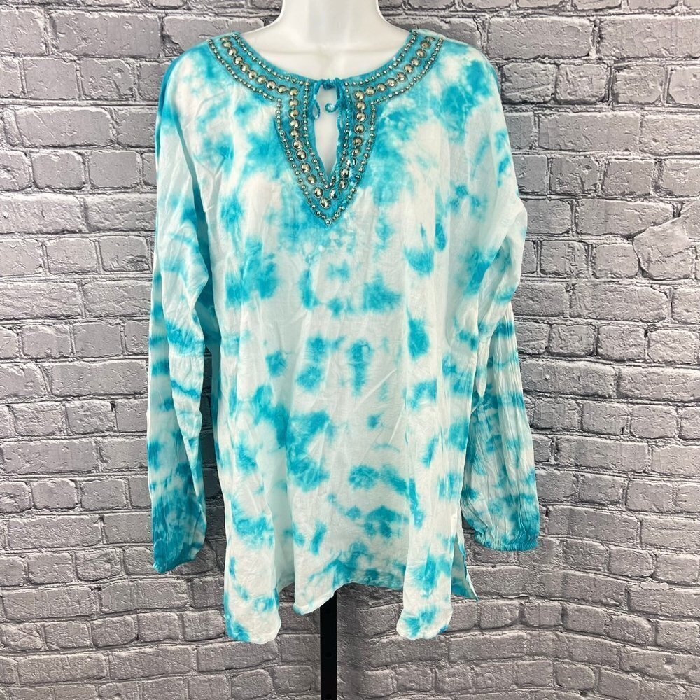 OSO Casuals Blue Tie Dye Tunic Stud Detail neck‎ Size L
